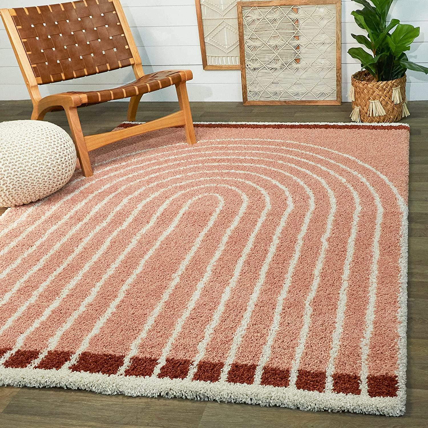 Modern living room with pink shaggy carpet rug, Bhadohi Carpets House, wooden chair, plant
