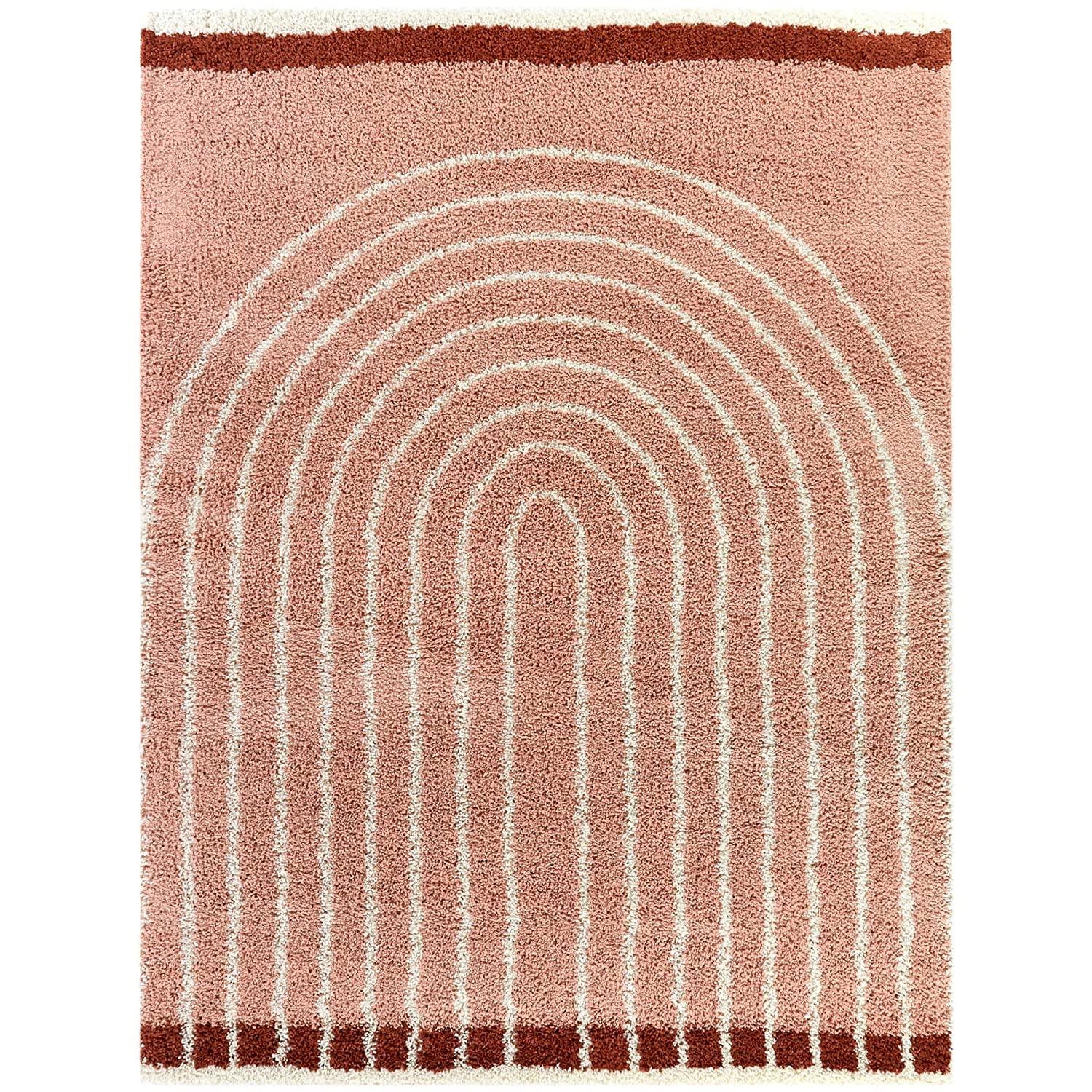 Pink shaggy carpet rug with white curved line pattern from Bhadohi Carpets House
