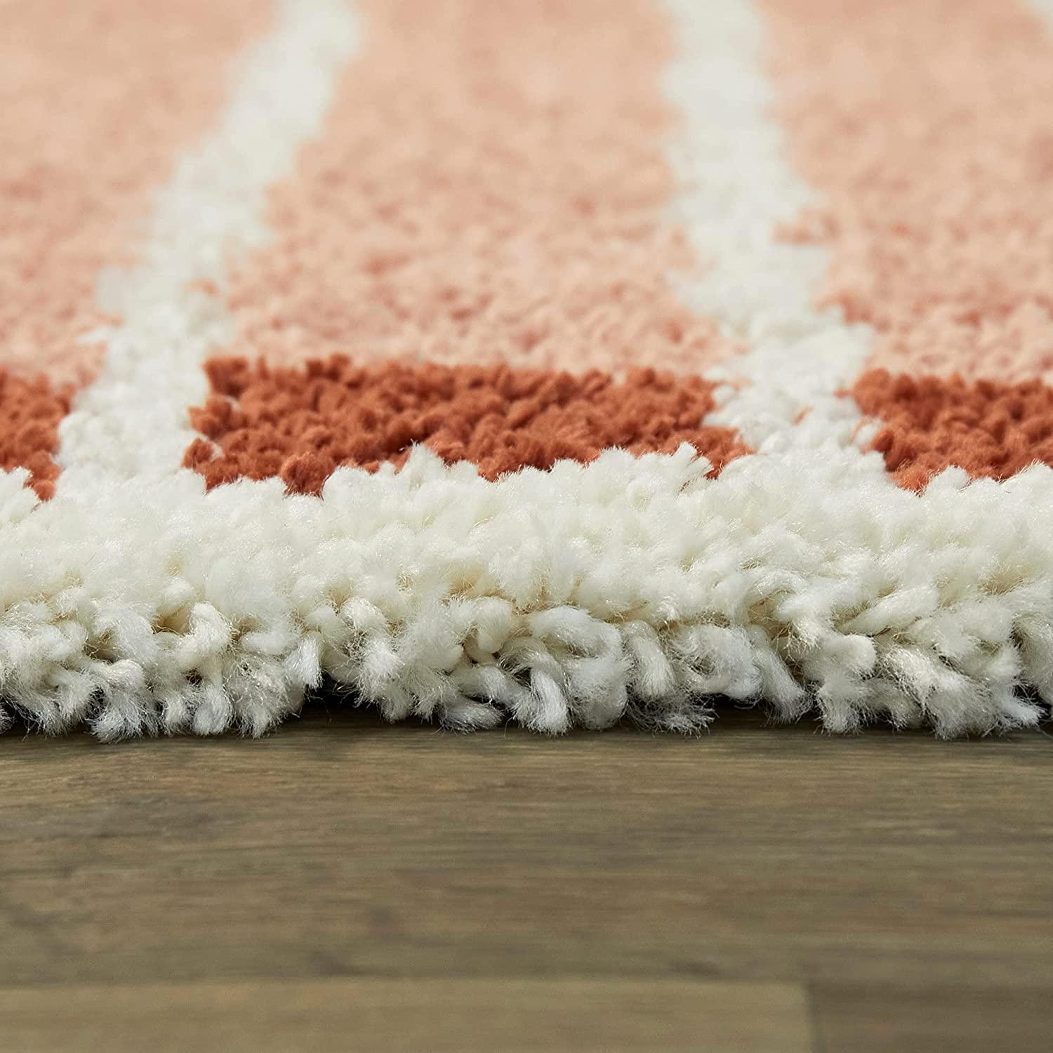 Close-up of plush shaggy carpet rug with peach, rust, and cream pattern on wood floor