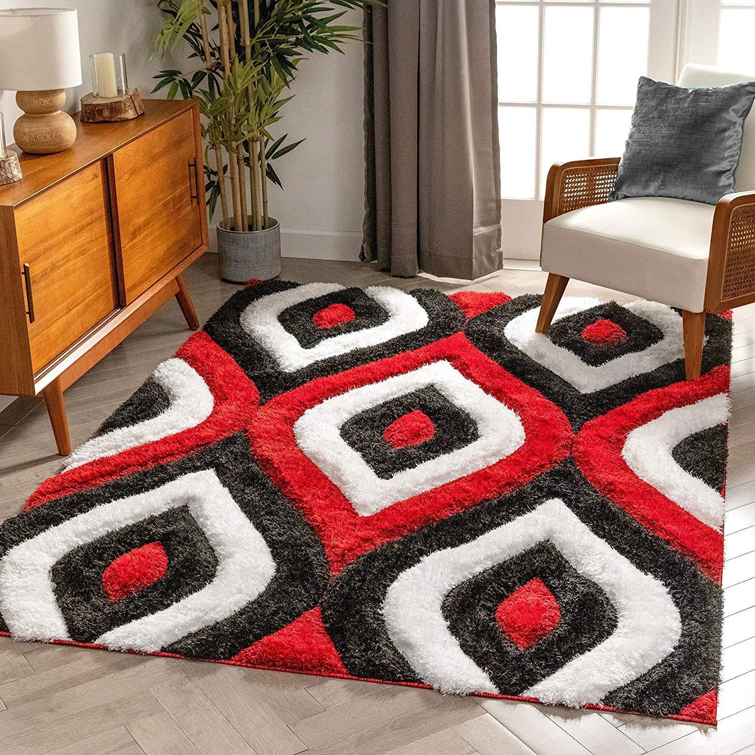 Modern living room with red, black, and white geometric shaggy carpet rug from Bhadohi Carpets House