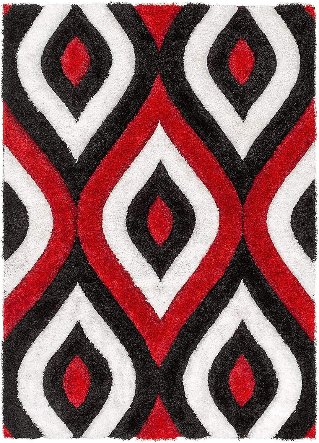 Modern shaggy carpet rug with red, black, and white geometric diamond patterns from Bhadohi Carpets House