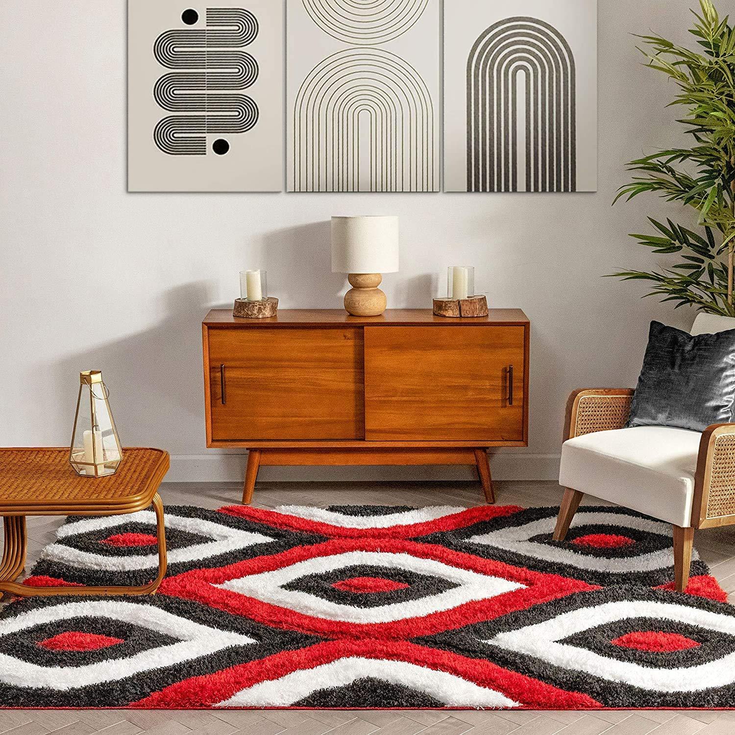 Modern living room with Bhadohi Carpets House shaggy red, black, and white rug