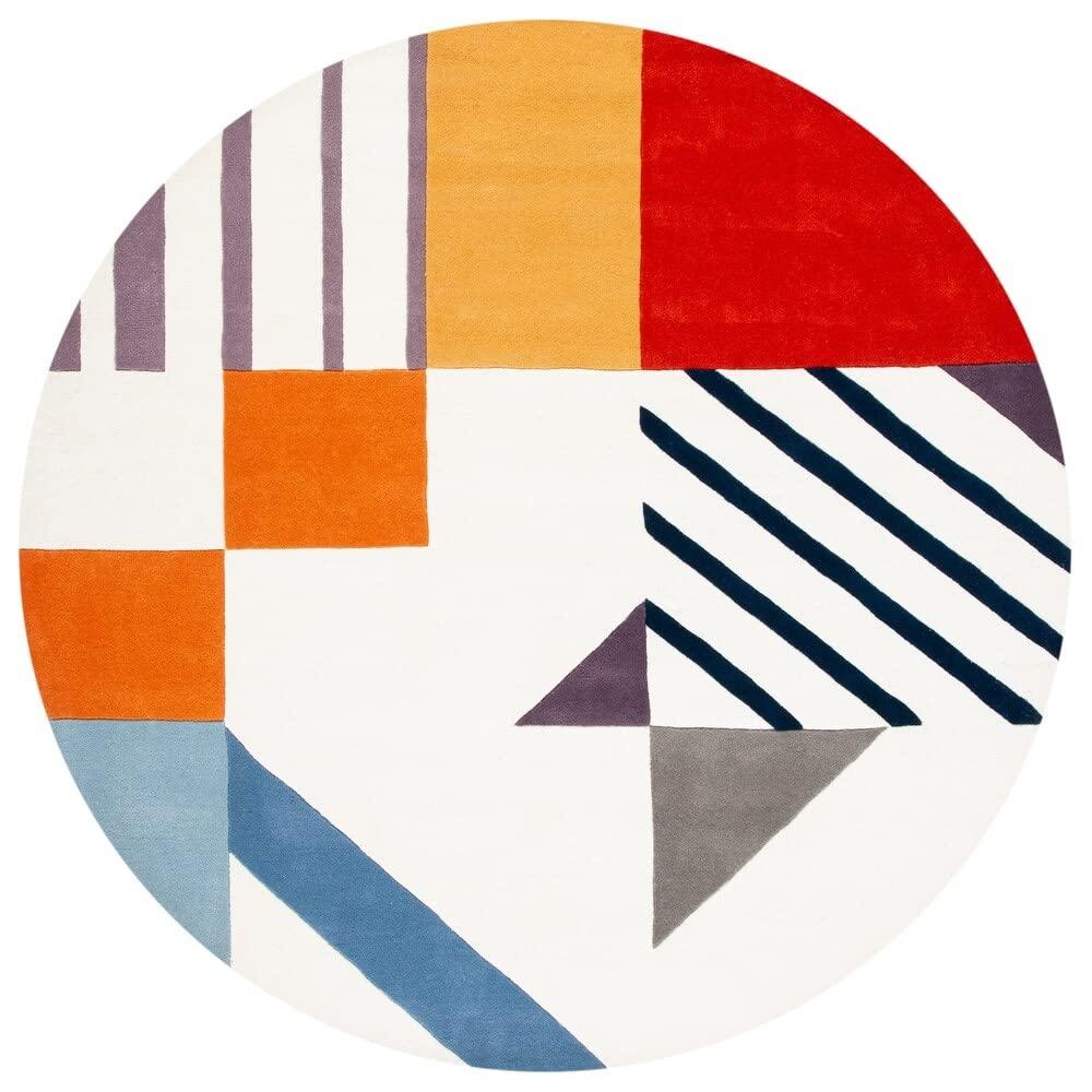 Round wool carpet rug with modern geometric patterns and bold colors by Bhadohi Carpets House