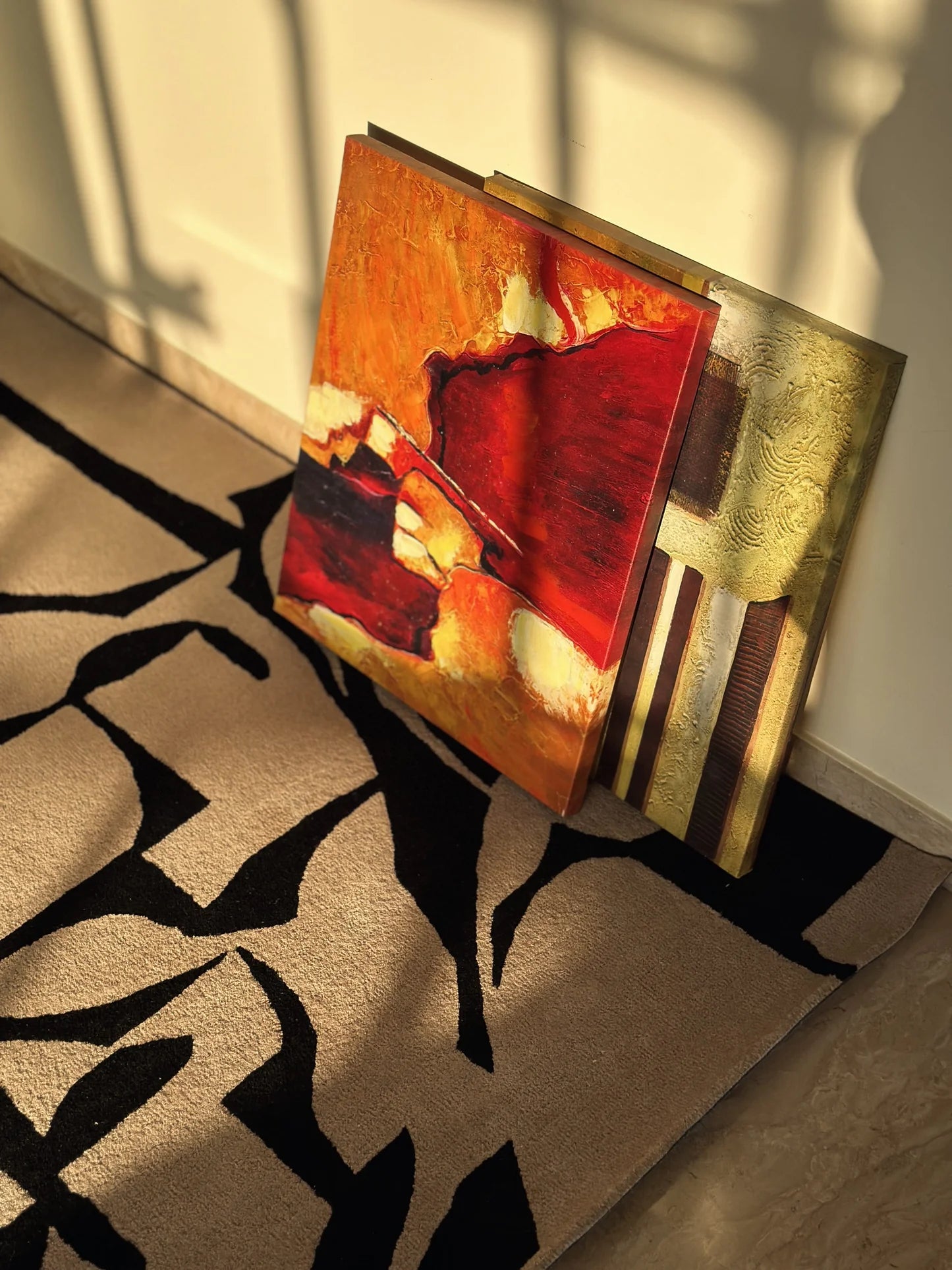 Camel & Black Color Premium Handmade Woolen Irregular Rug
