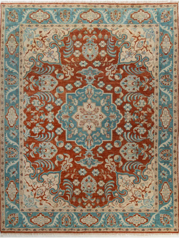 Maroon & Torquoise Oushak Hand-Knotted Wool Rug