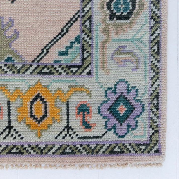Baby Pink Oushak Hand-Knotted Wool Rug