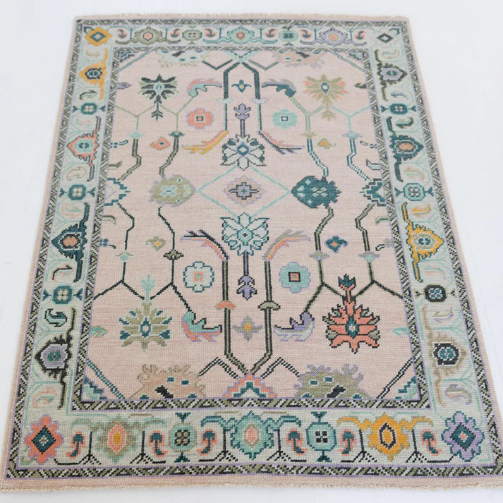 Baby Pink Oushak Hand-Knotted Wool Rug