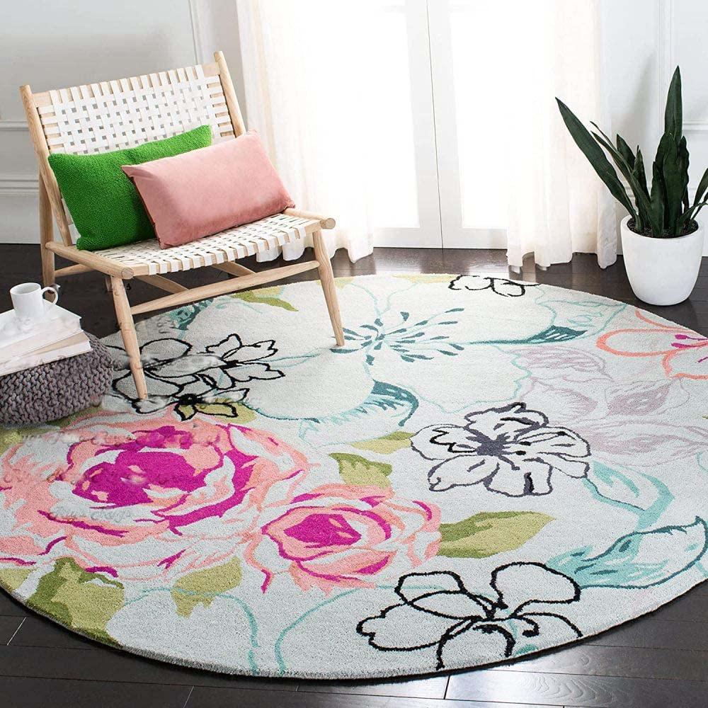 Ivory round wool carpet with floral design in modern living room, Bhadohi Carpets House