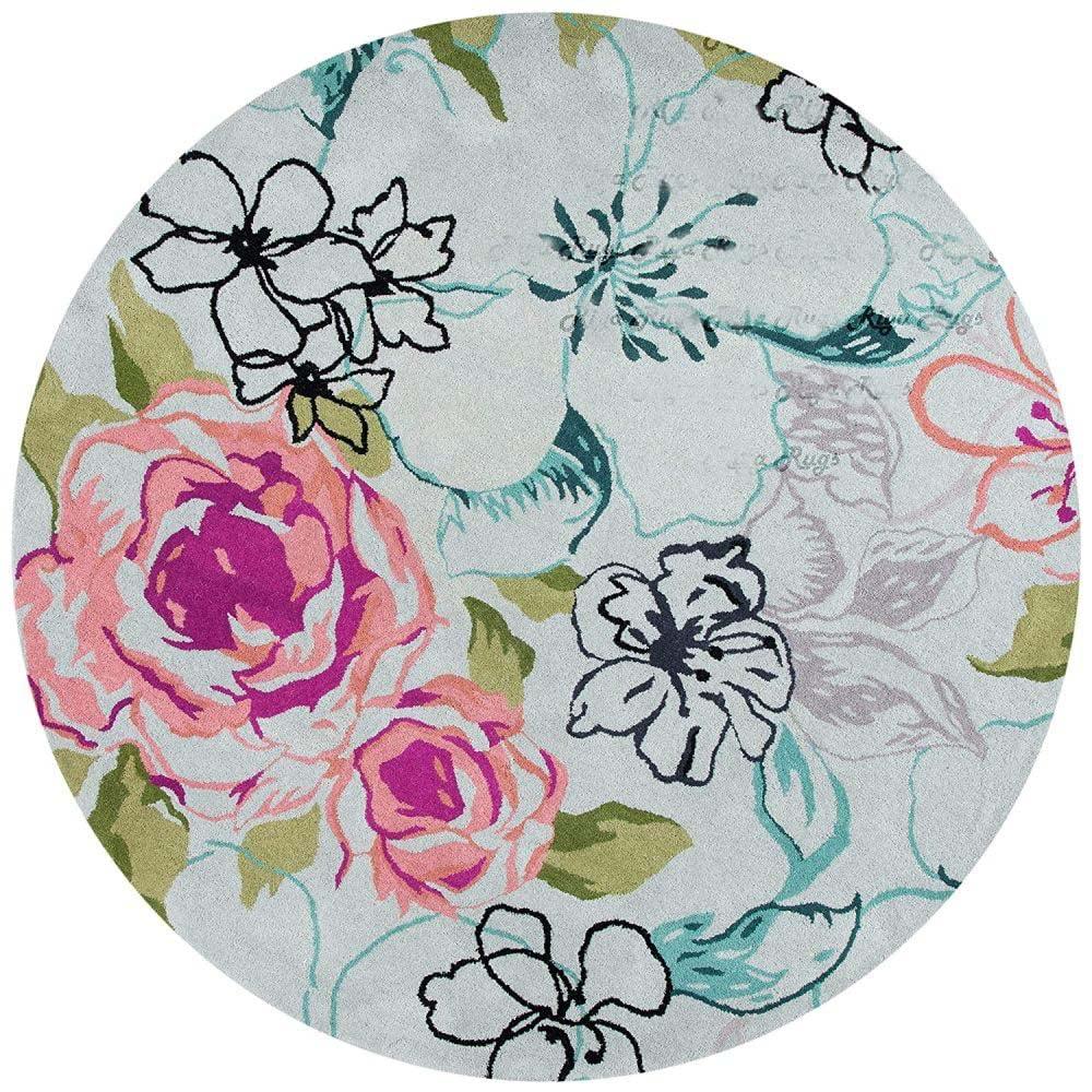 Ivory round wool carpet rug with vibrant floral pattern by Bhadohi Carpets House