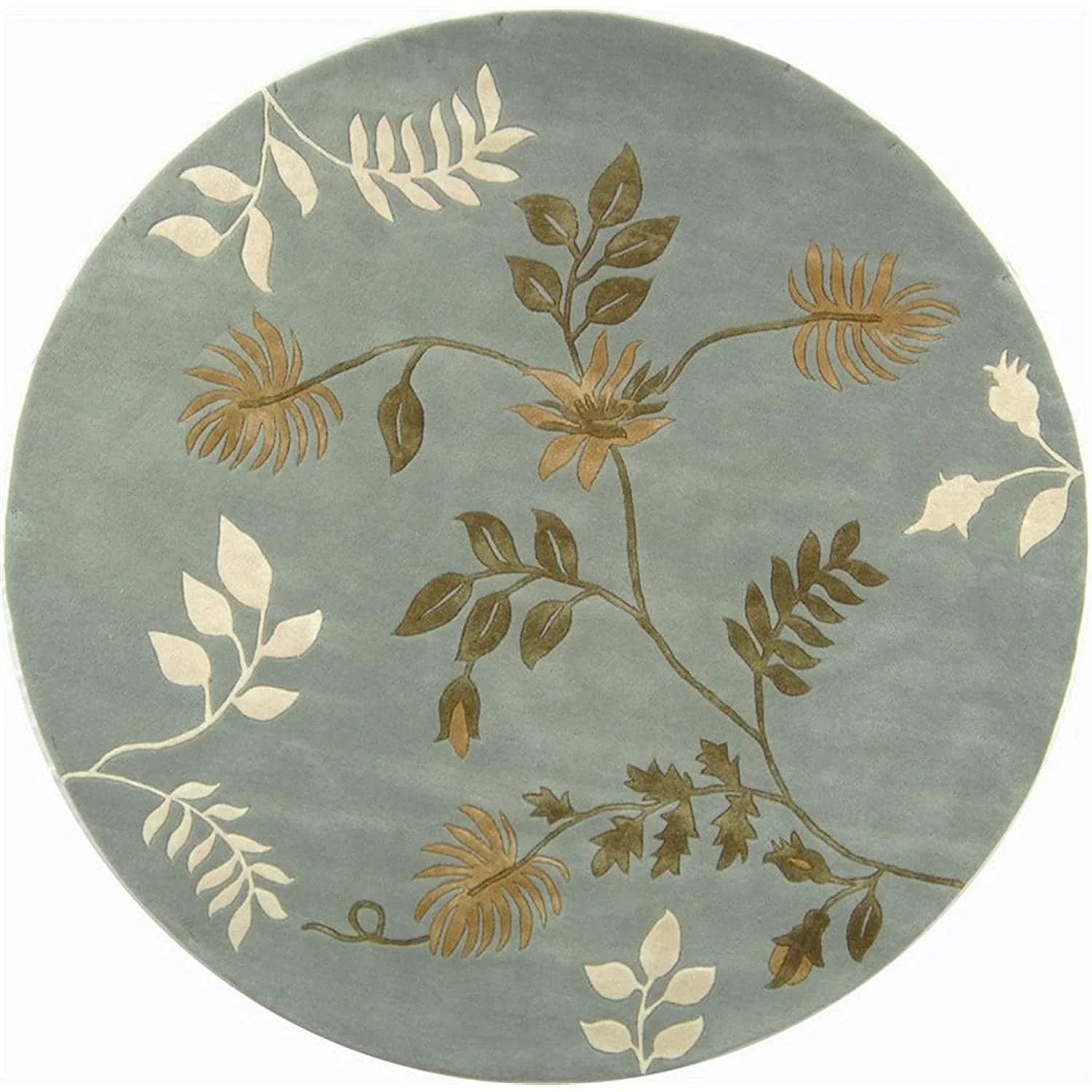 Light grey round wool carpet with leaf and floral pattern, Bhadohi Carpets House rug
