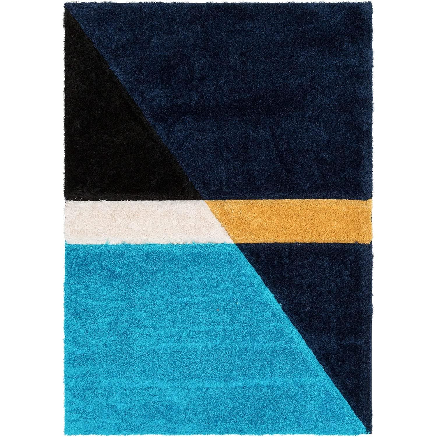 Modern geometric shaggy carpet rug with black, navy, gold, turquoise, and white design from Bhadohi Carpets House