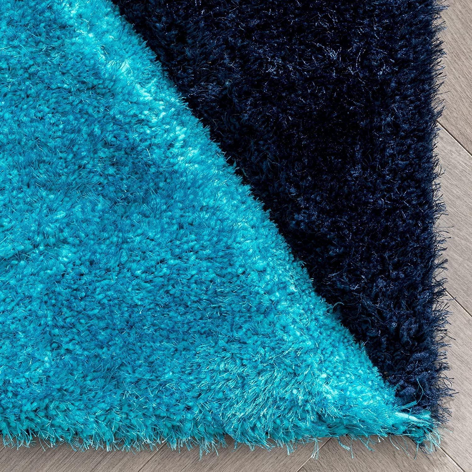 Blue and navy shaggy carpet rug on wooden floor, Bhadohi Carpets House product