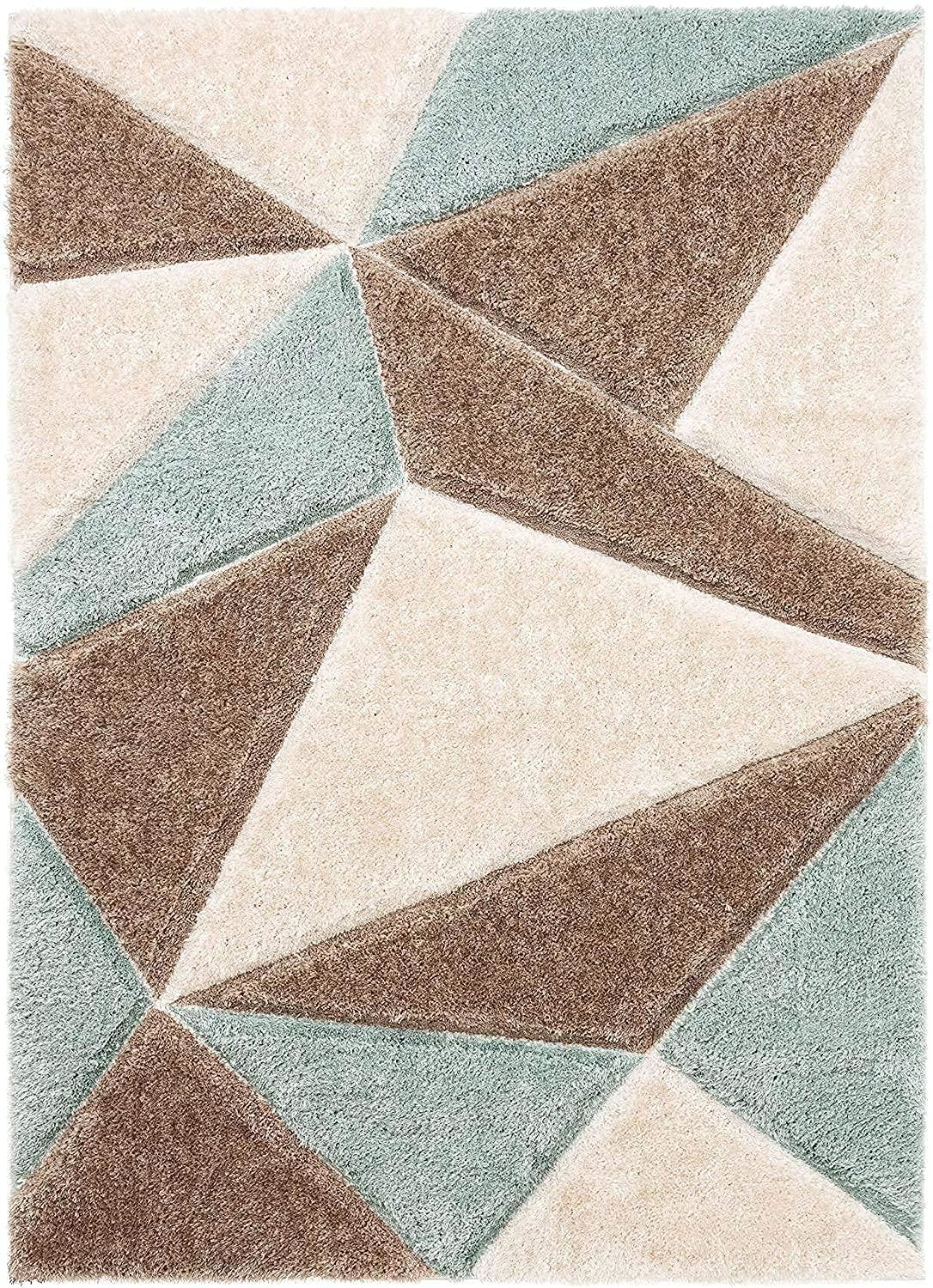 Shaggy geometric carpet rug with brown, cream, and teal triangles from Bhadohi Carpets House