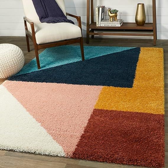 Modern geometric shaggy carpet rug with multicolor blocks in a contemporary living room