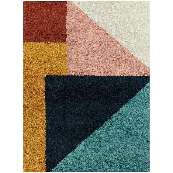 Modern shaggy carpet rug with geometric multicolor pattern from Bhadohi Carpets House