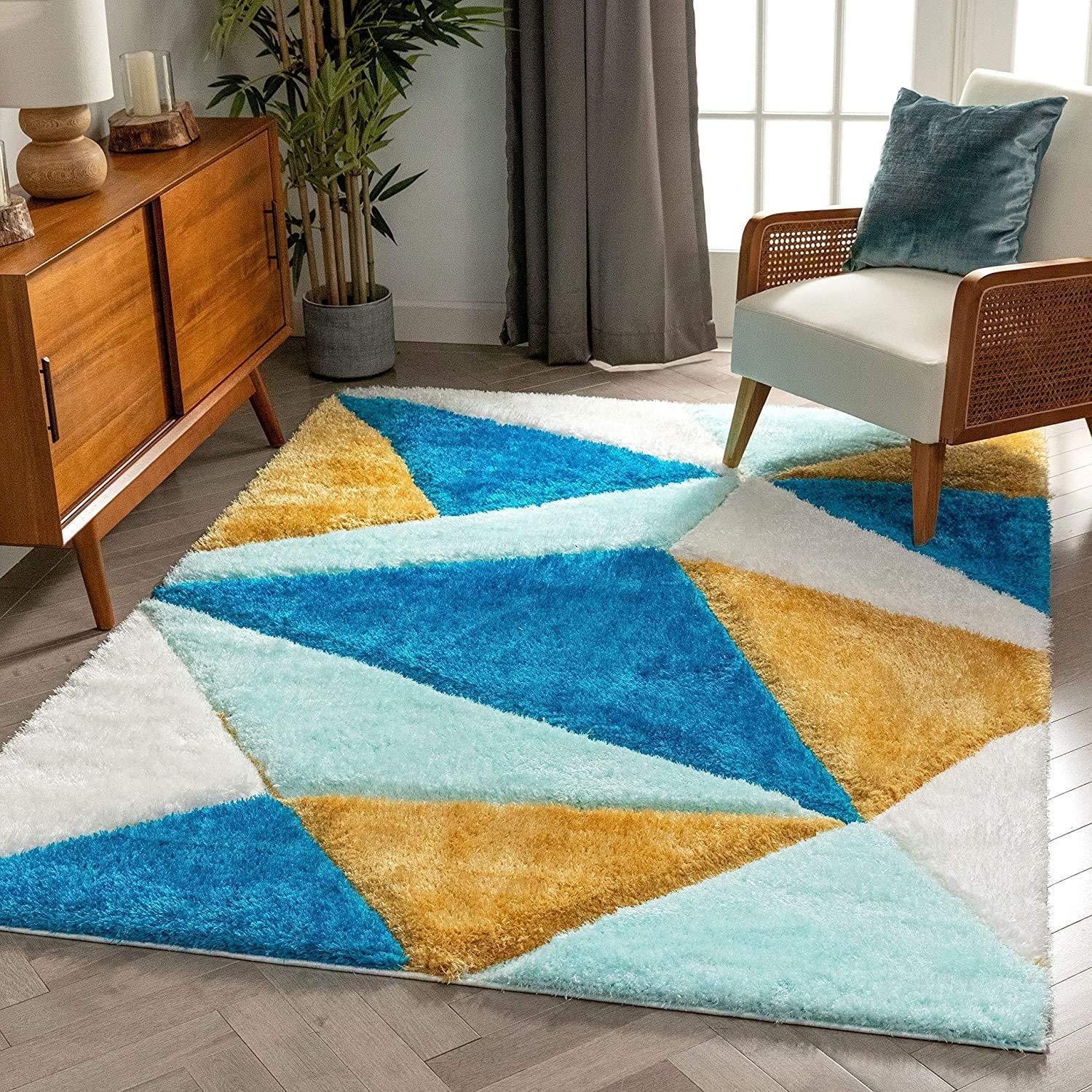 Modern living room with a colorful geometric shaggy rug from Bhadohi Carpets House