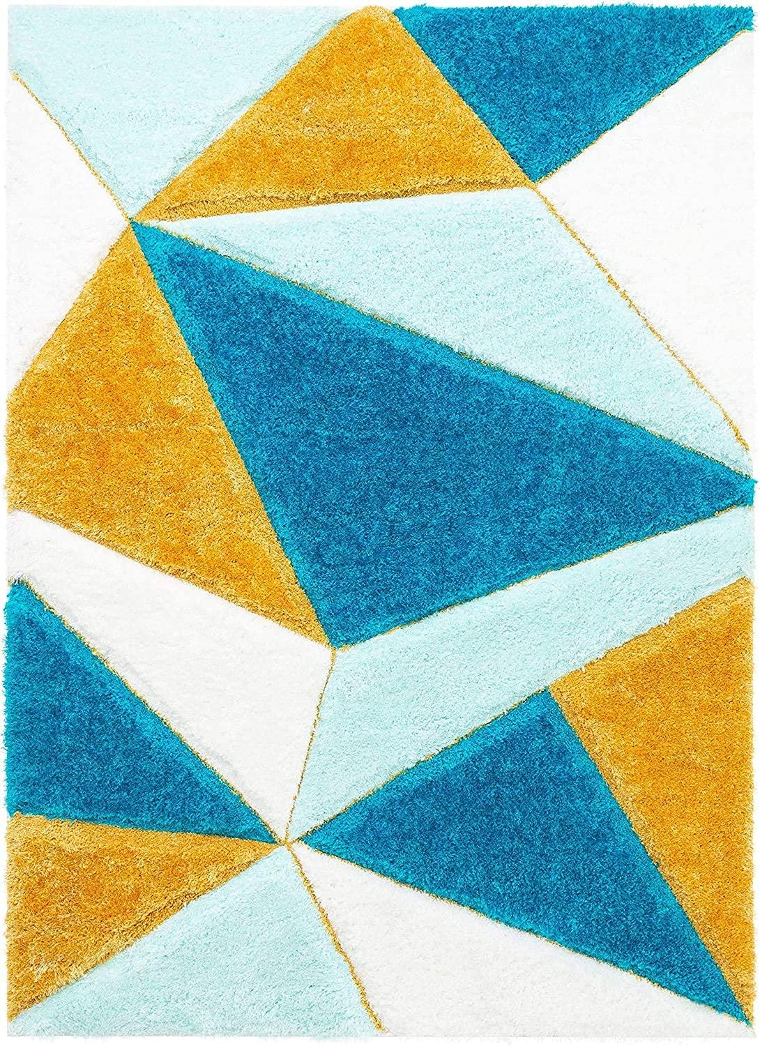 Modern shaggy carpet rug with geometric blue, yellow, and white patterns from Bhadohi Carpets House