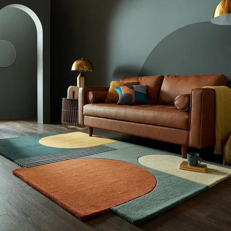Modern living room with brown sofa and Bhadohi Carpets House geometric irregular rug