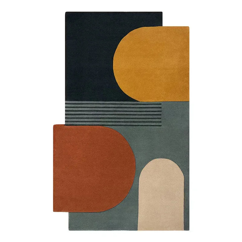 Modish irregular designer rug with geometric shapes in mustard, rust, and navy by Bhadohi Carpets House