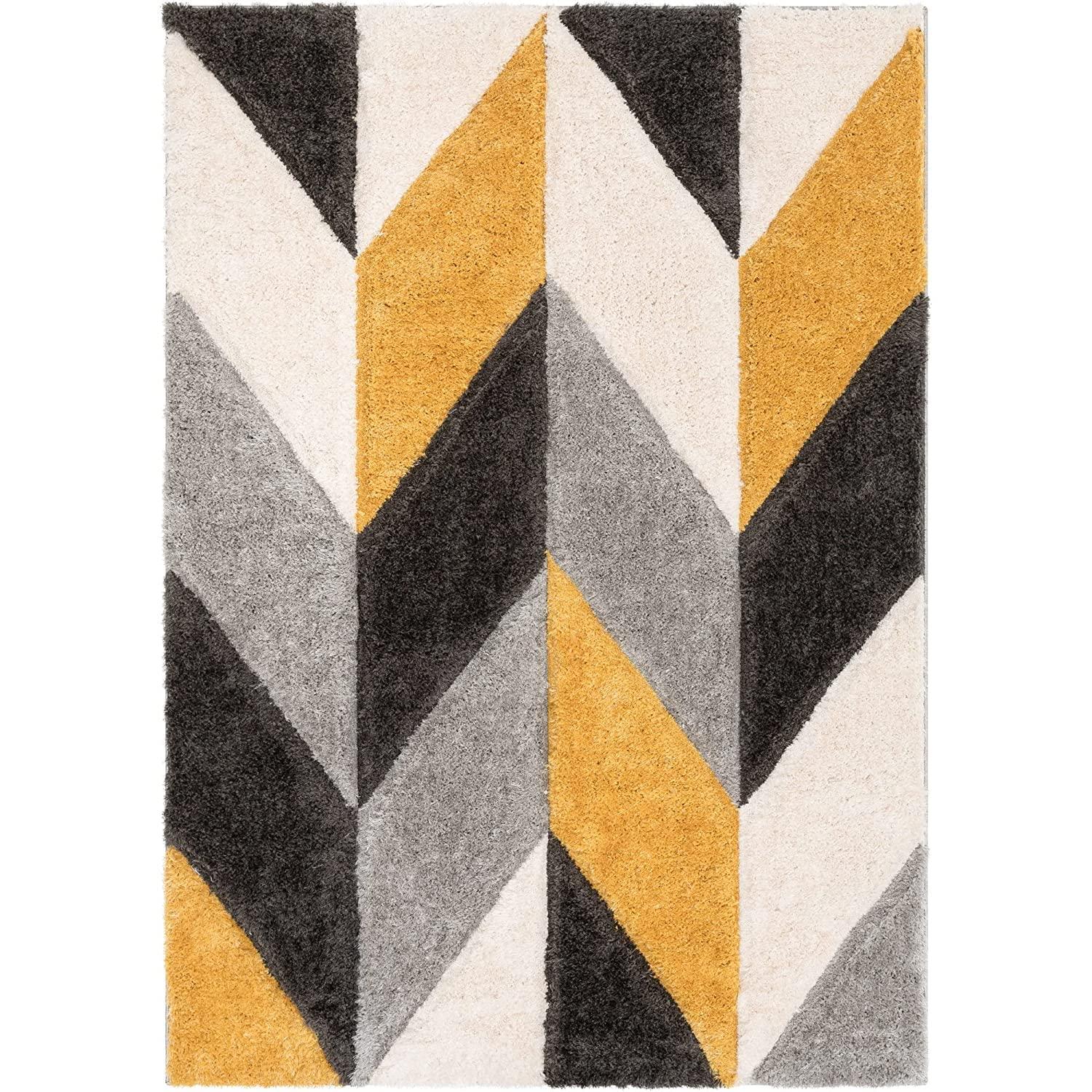 Modern shaggy carpet rug with geometric grey, black, white, and mustard pattern from Bhadohi Carpets House