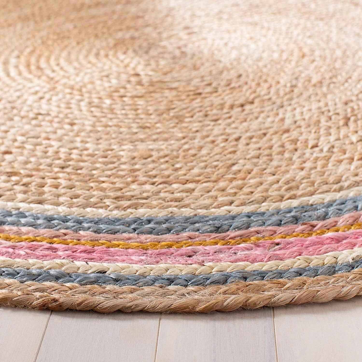 Multicolor Stripes Border Round Handmade Braided Jute Rug