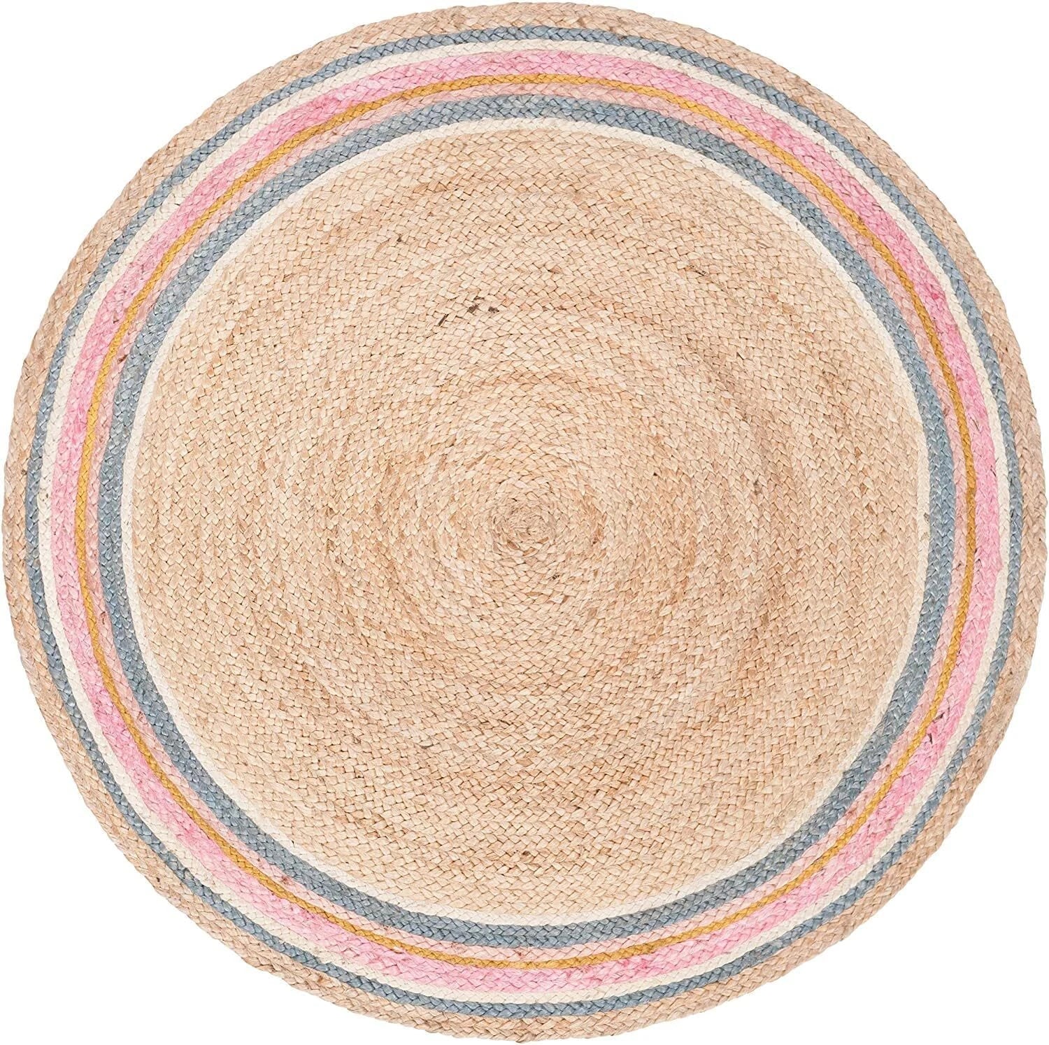 Multicolor Stripes Border Round Handmade Braided Jute Rug
