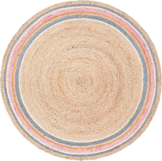 Multicolor Stripes Border Round Handmade Braided Jute Rug