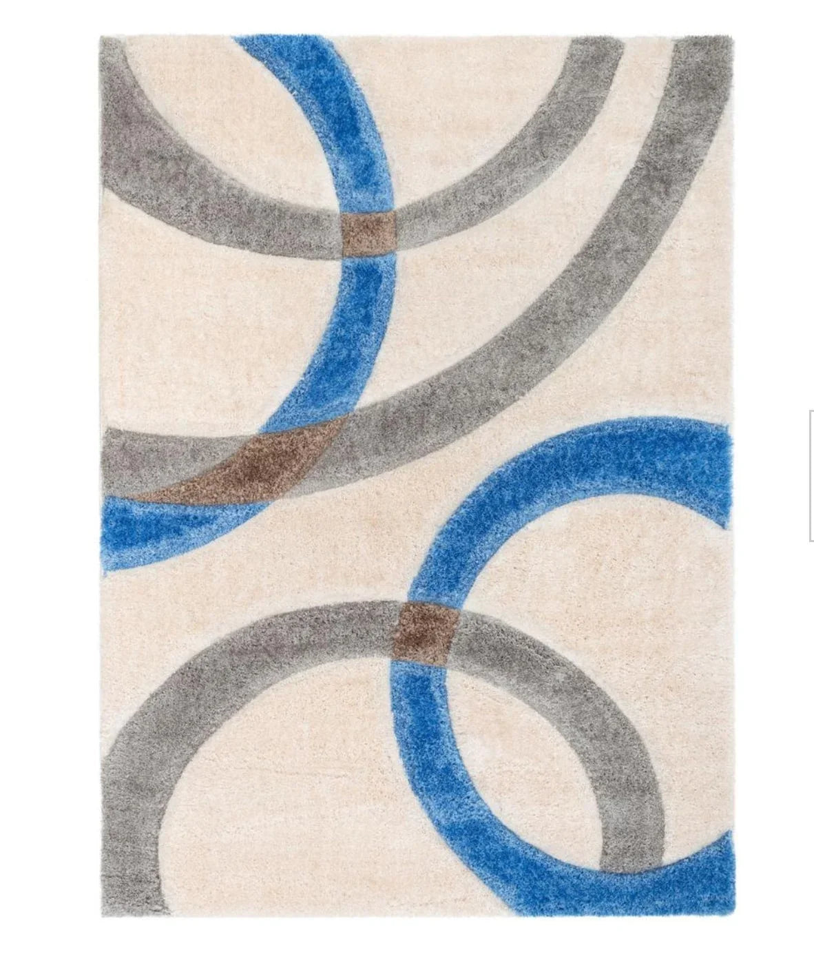 Modern shaggy carpet rug with beige background and blue, grey, brown abstract arcs from Bhadohi Carpets House