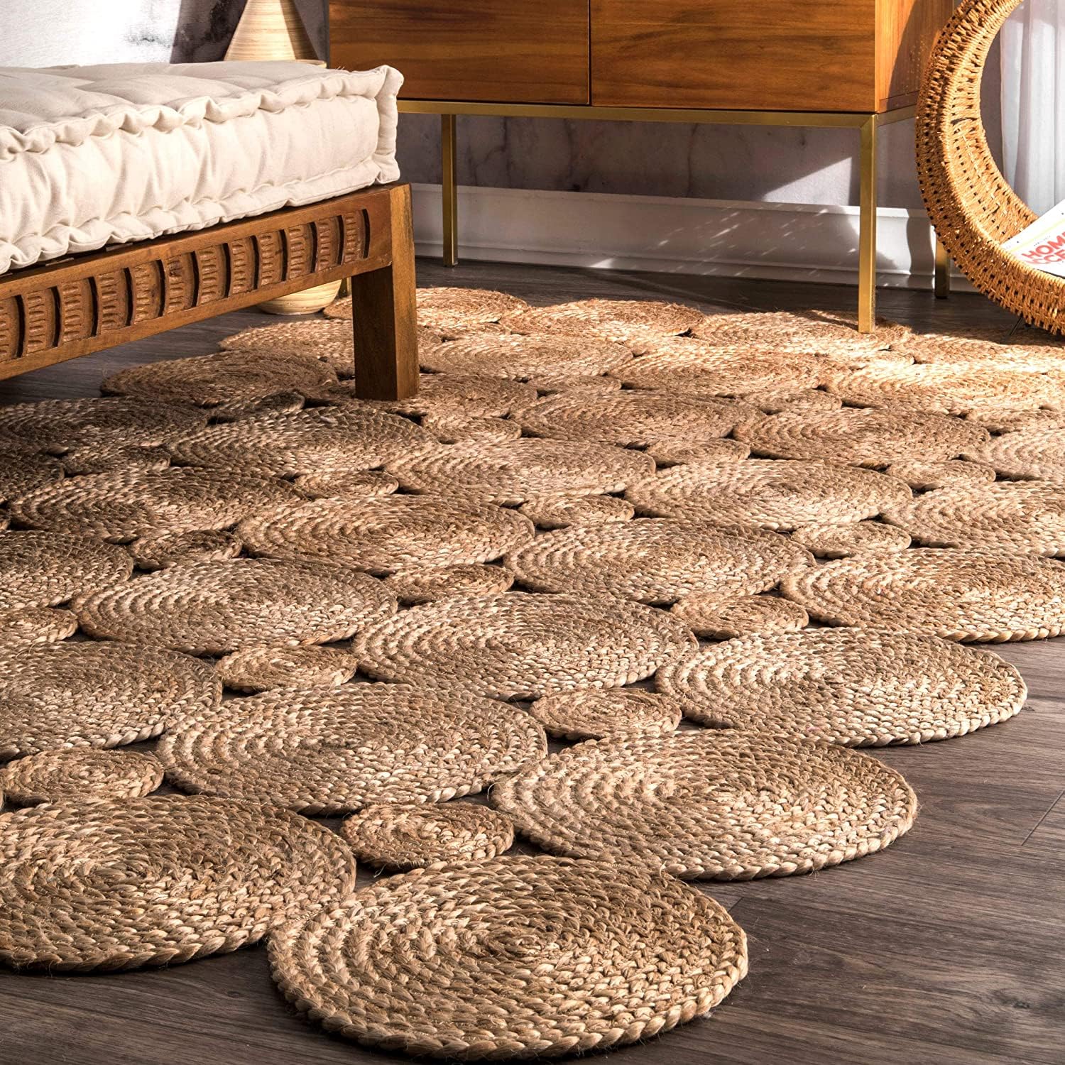 Natural Beige Handmade Braided Round Shaped Irregular Jute Carpet