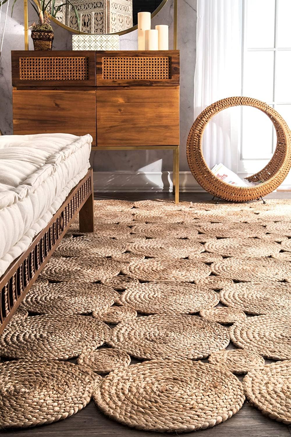 Natural Beige Handmade Braided Round Shaped Irregular Jute Carpet