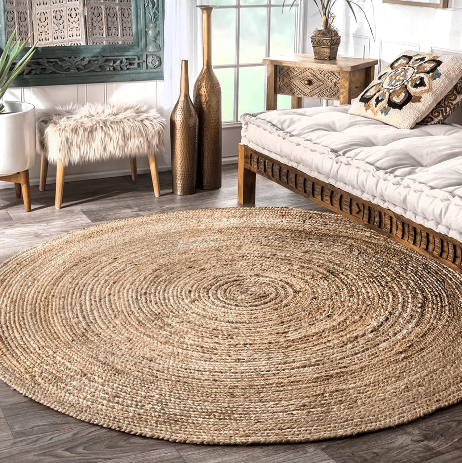 Elegant Natural Beige Round Handmade Braided Jute Rug