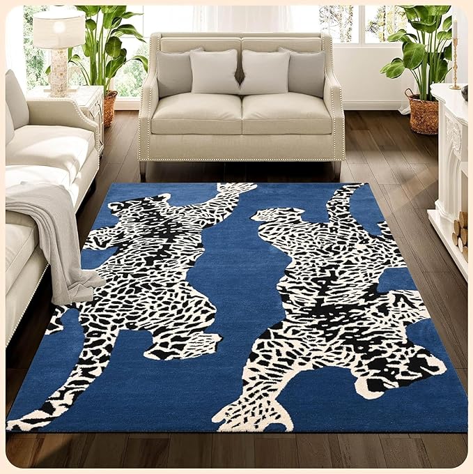 Navy Blue Handmade Climbing Jaguar Wool Area Rug