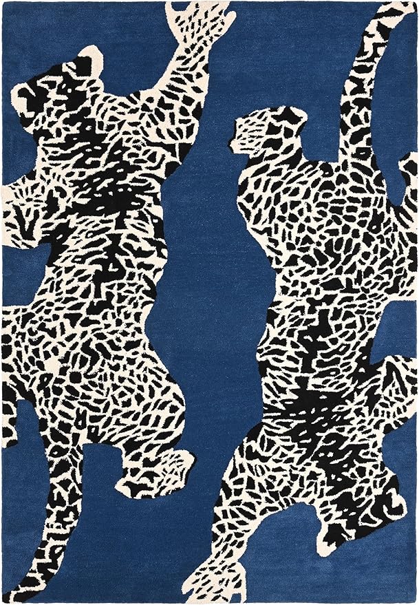 Navy Blue Handmade Climbing Jaguar Wool Area Rug