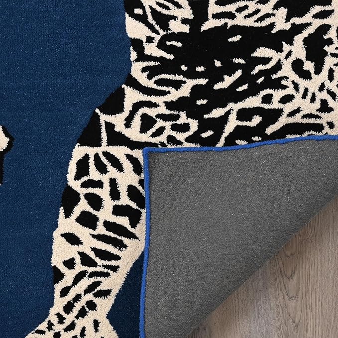 Navy Blue Handmade Climbing Jaguar Wool Area Rug