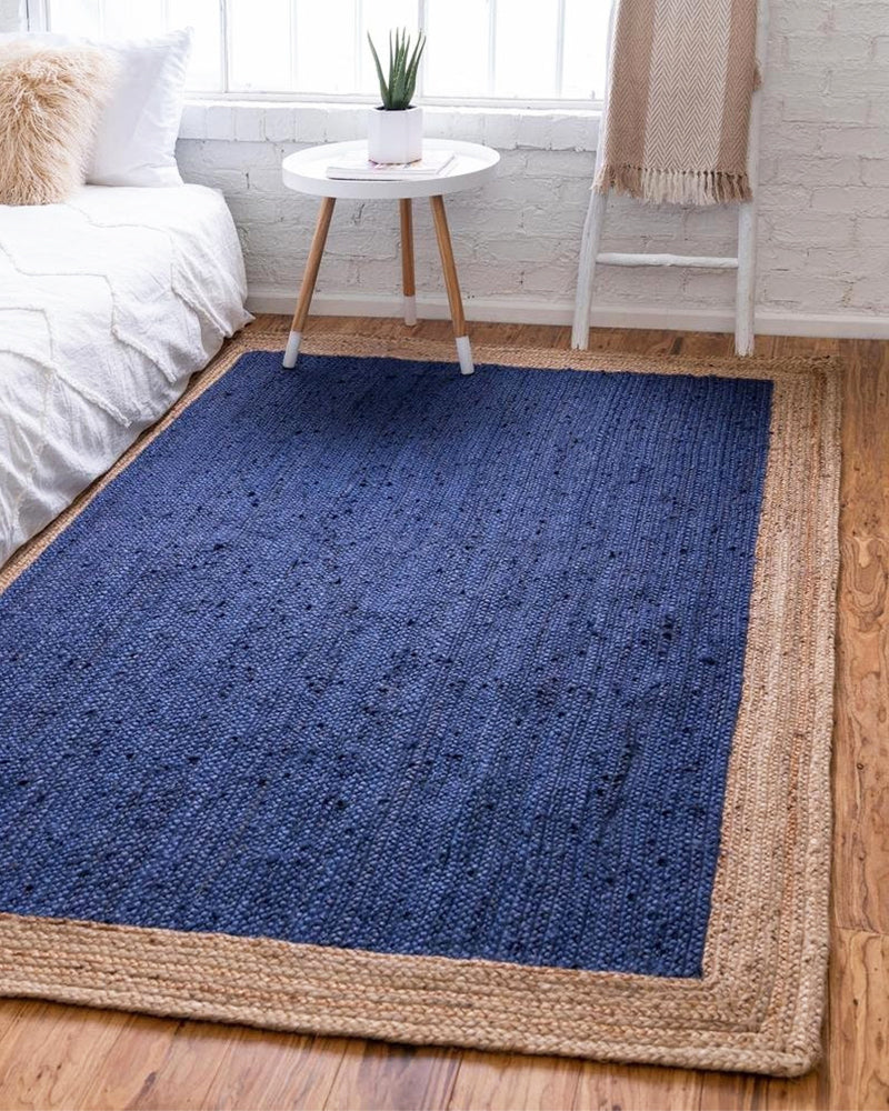 Navy Blue & White Border Handmade Braided Jute Carpet