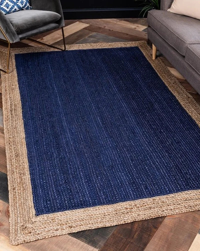 Navy Blue & White Border Handmade Braided Jute Carpet
