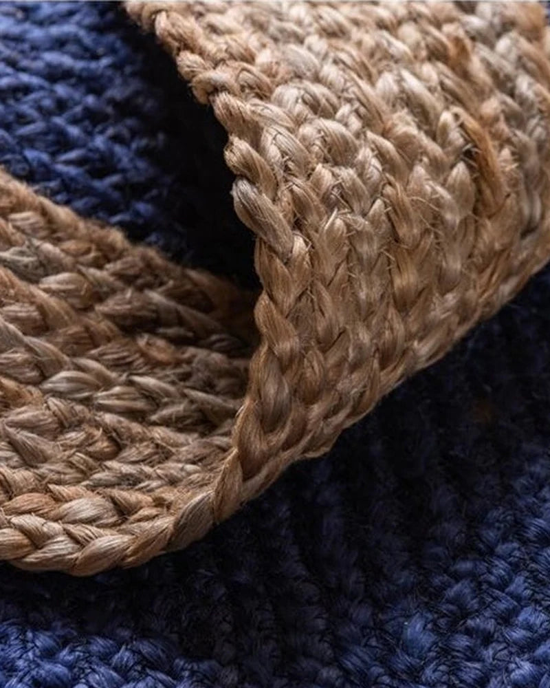 Navy Blue & White Border Handmade Braided Jute Carpet