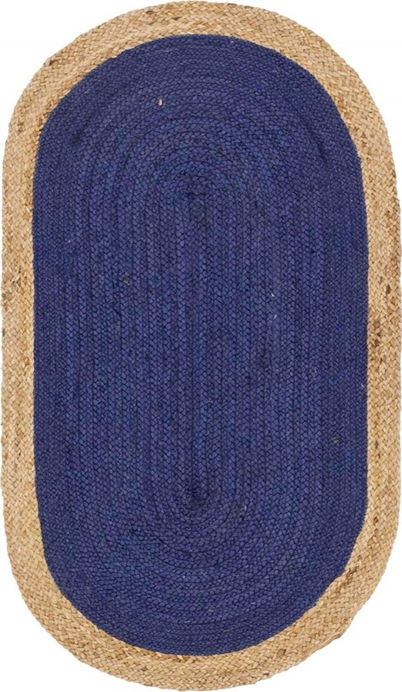 Navy Blue & White Oval Border Handmade Braided Jute Carpet