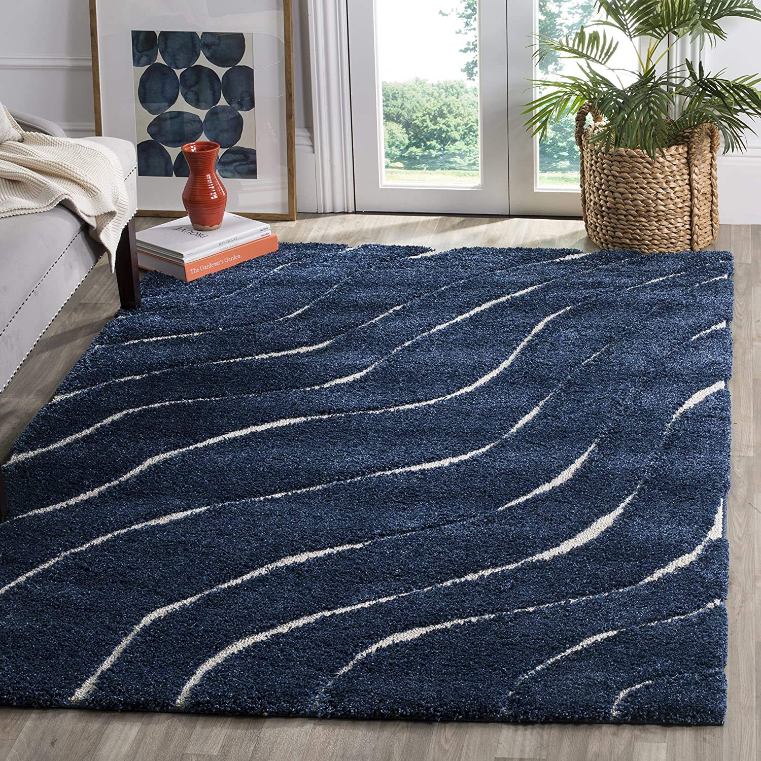 Navy Blue Wave Shaggy Carpet | Soft & Fluffy Microfiber Area Rug