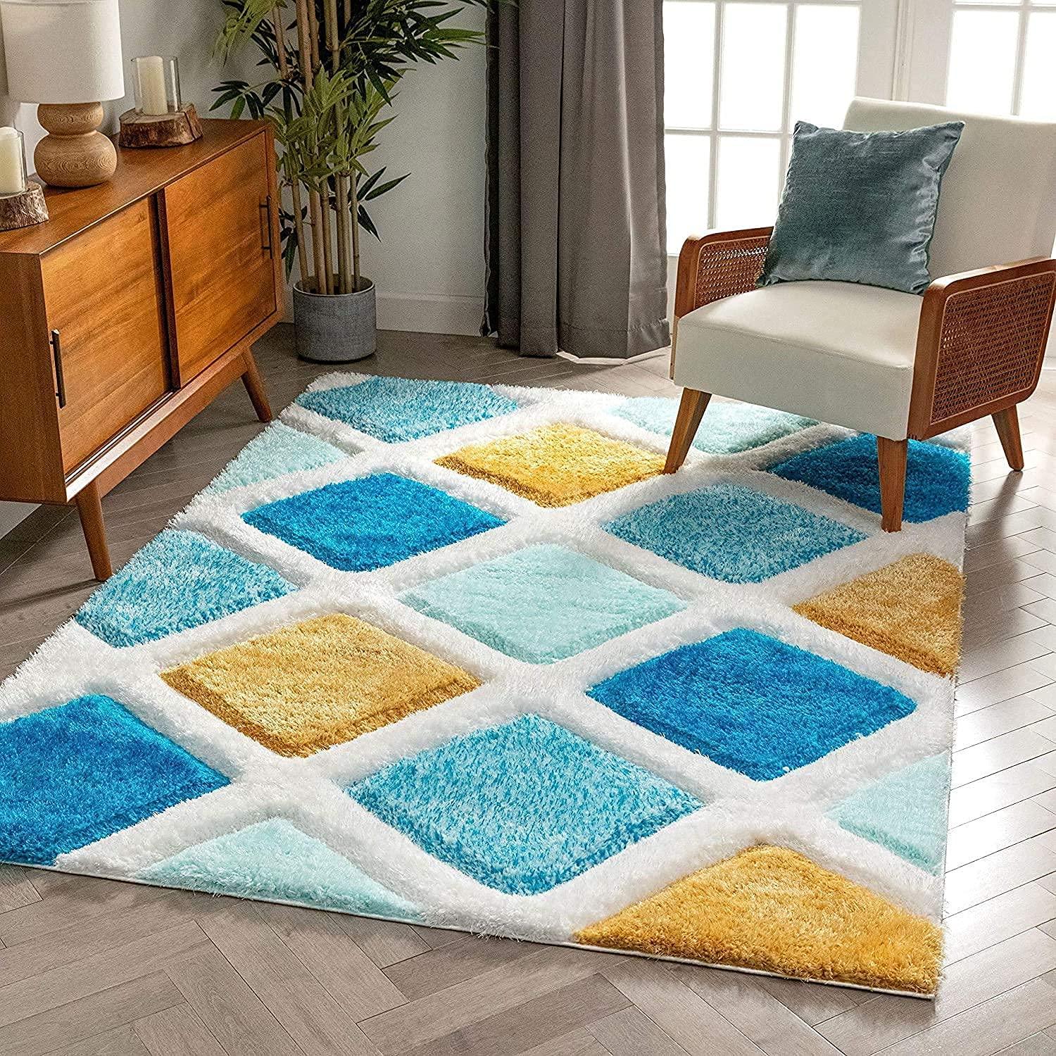 Modern living room with Bhadohi Carpets House shaggy diamond pattern rug in blue, yellow, and white