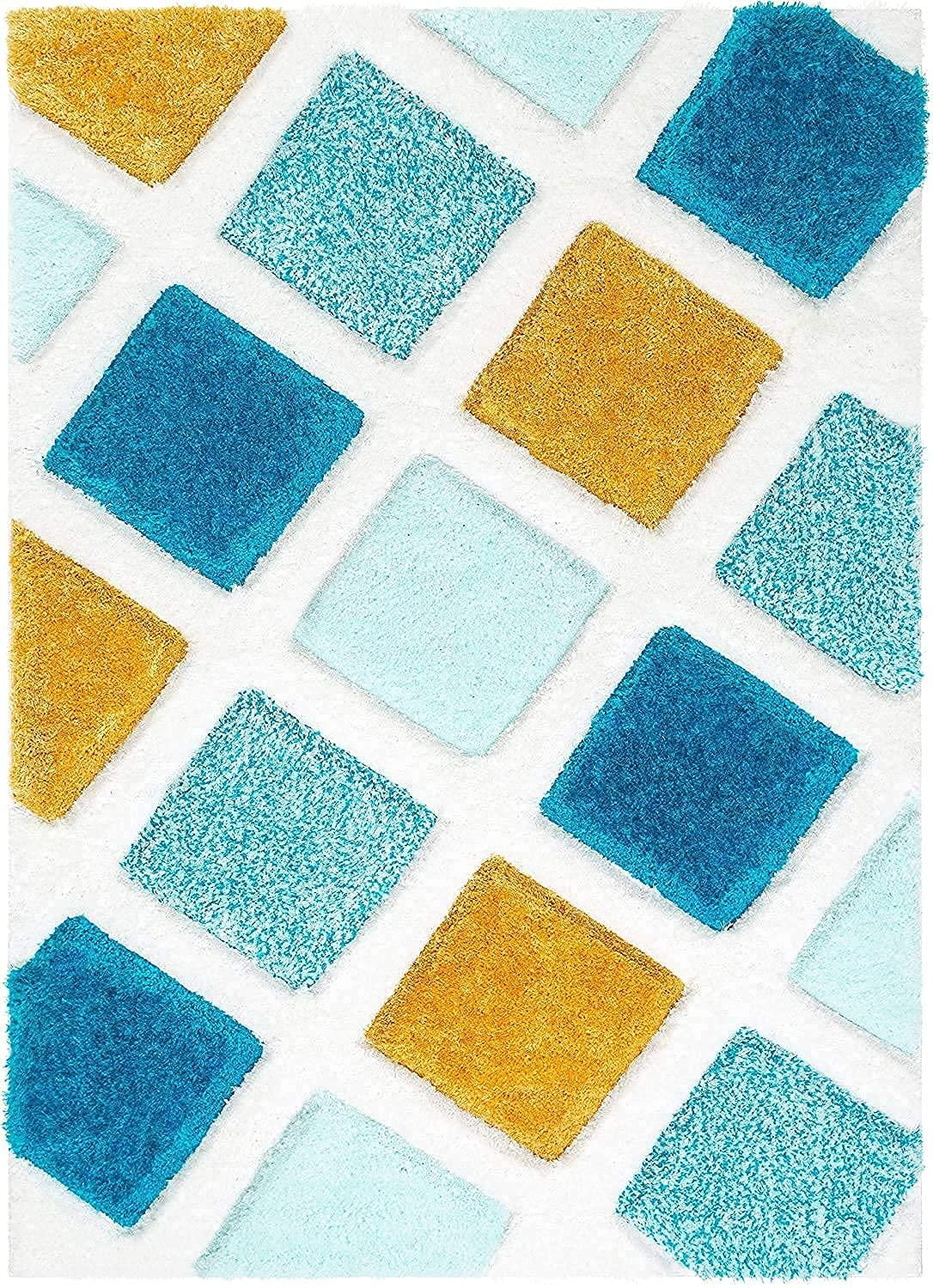 Modern shaggy carpet rug with blue, teal, and yellow diamond patterns from Bhadohi Carpets House