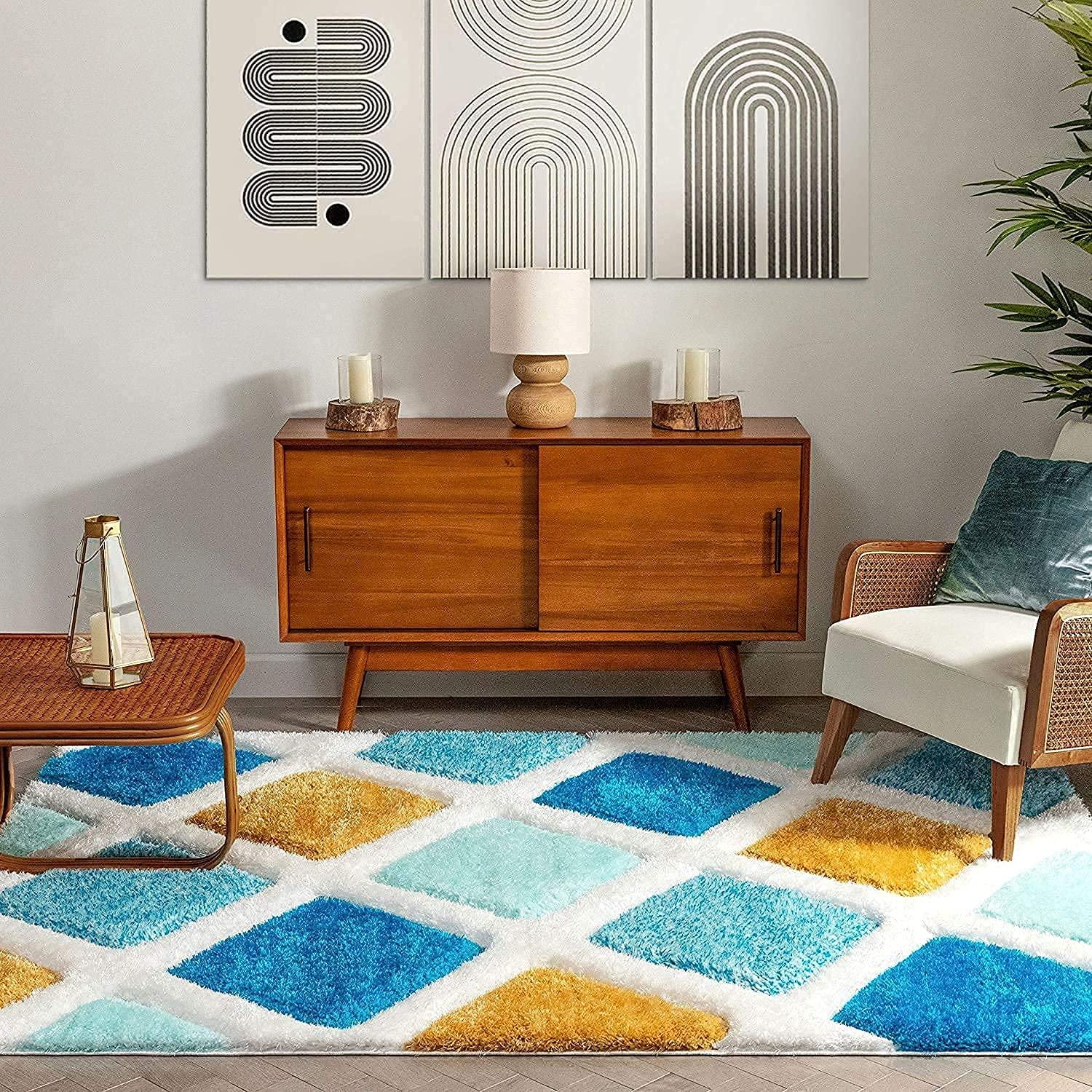 Modern living room with Bhadohi shaggy carpet rug featuring blue and yellow diamond pattern