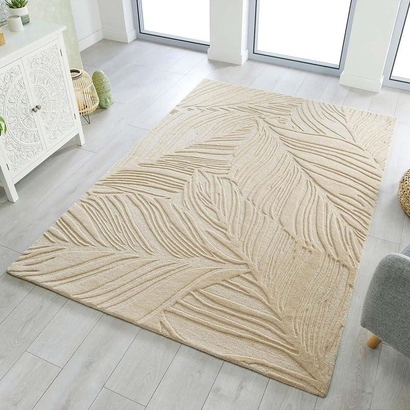 Textured beige loop carpet rug in modern living room, Bhadohi Carpets House India