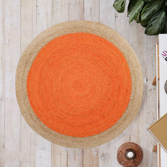 Orange Border Round Handmade Braided Jute Rug