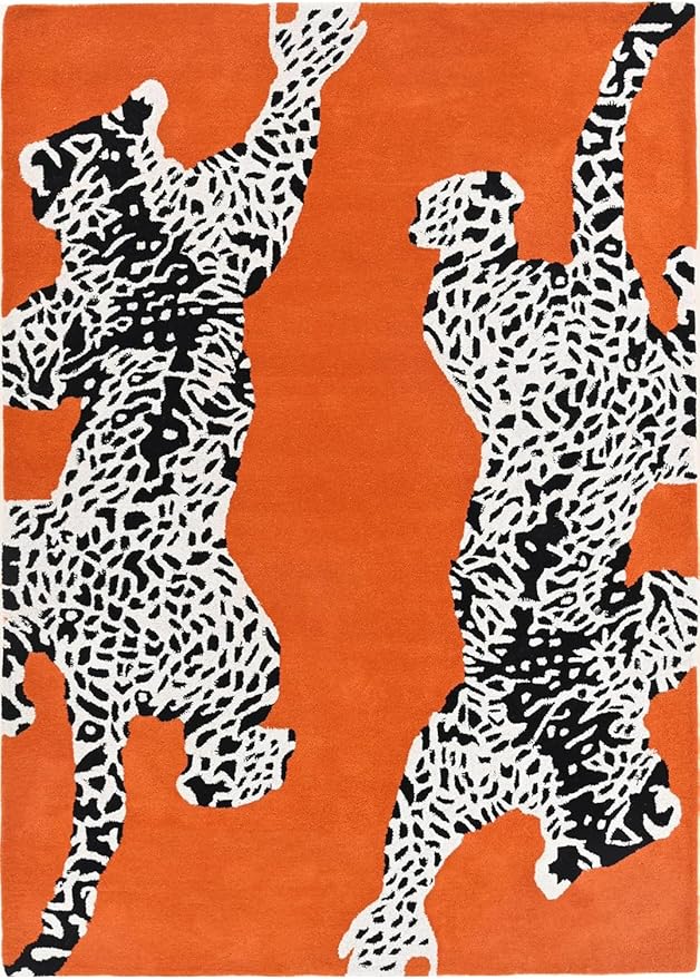 Orange Modern Handmade Climbing Jaguar Wool Area Rug