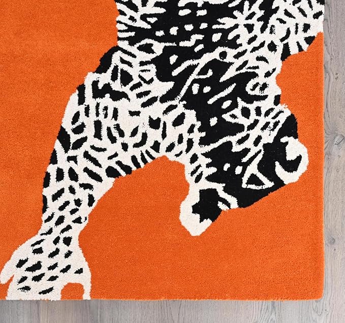 Orange Modern Handmade Climbing Jaguar Wool Area Rug
