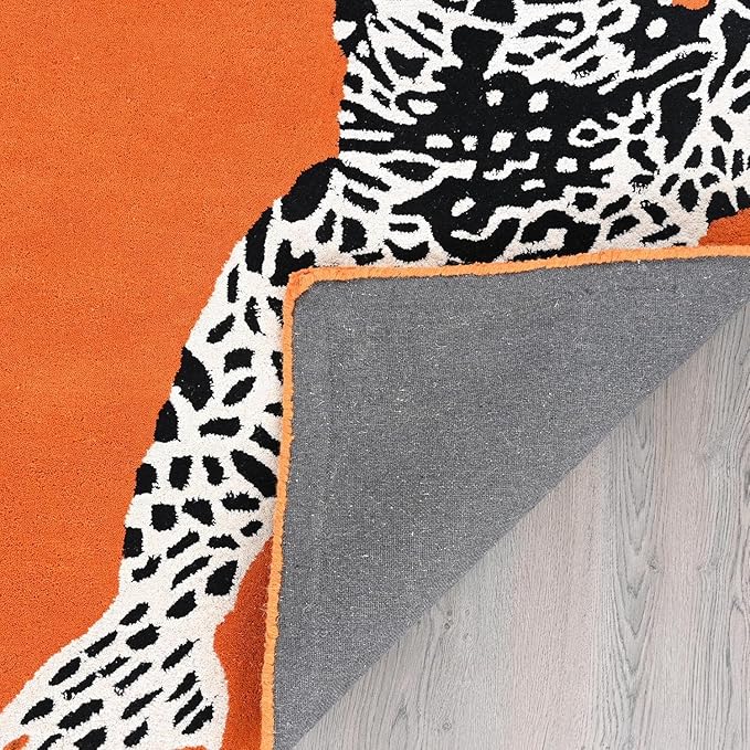 Orange Modern Handmade Climbing Jaguar Wool Area Rug