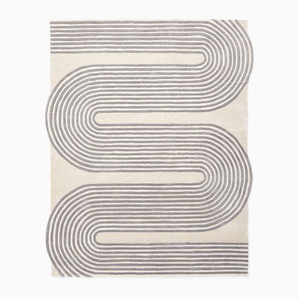 Modern beige carpet with grey irregular curved line pattern from Bhadohi Carpets House