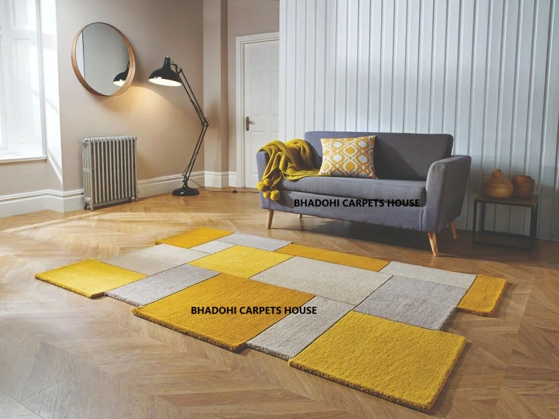 Modern living room with a yellow and grey irregular carpet rug from Bhadohi Carpets House
