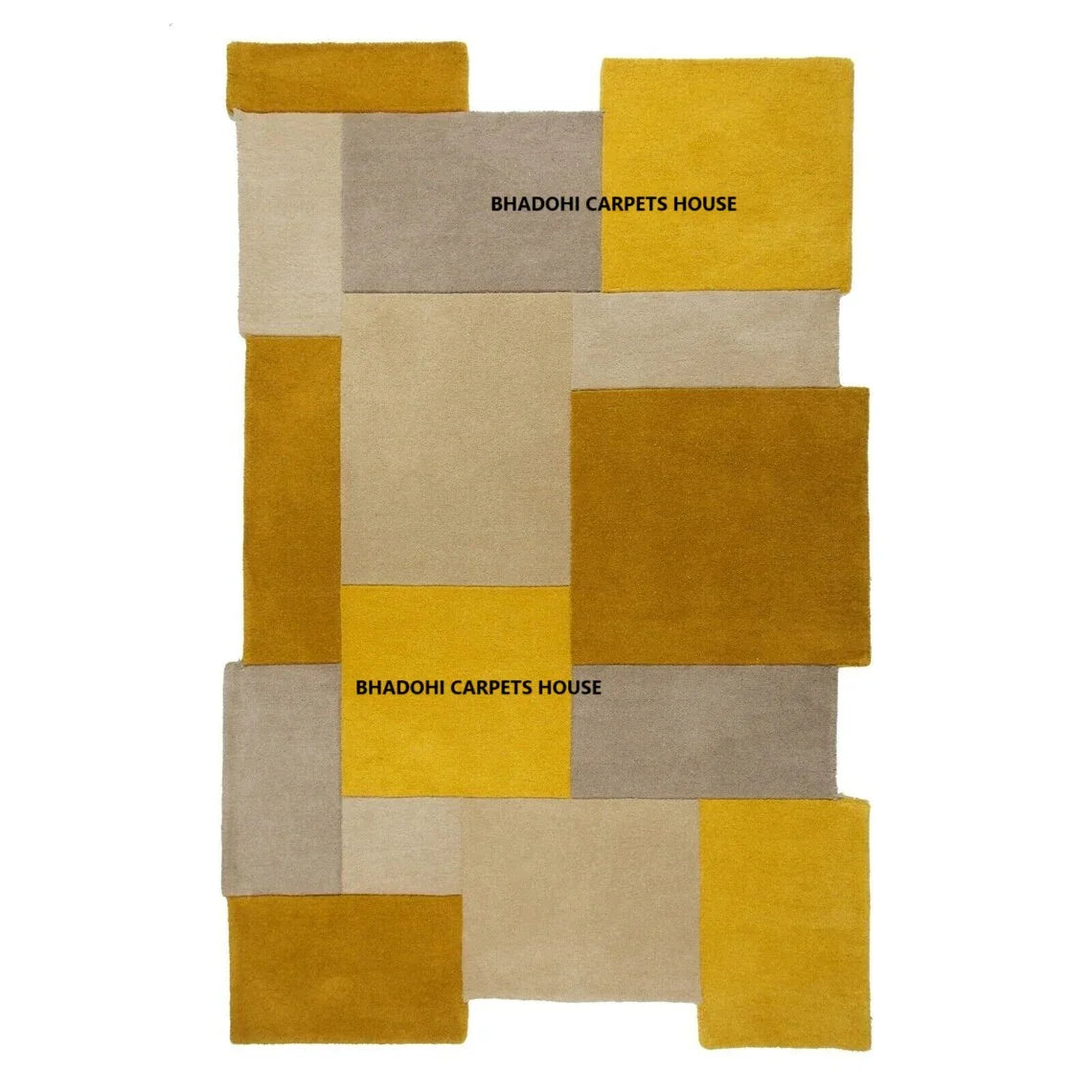 Geometric yellow and beige modern carpet rug from Bhadohi Carpets House, India.